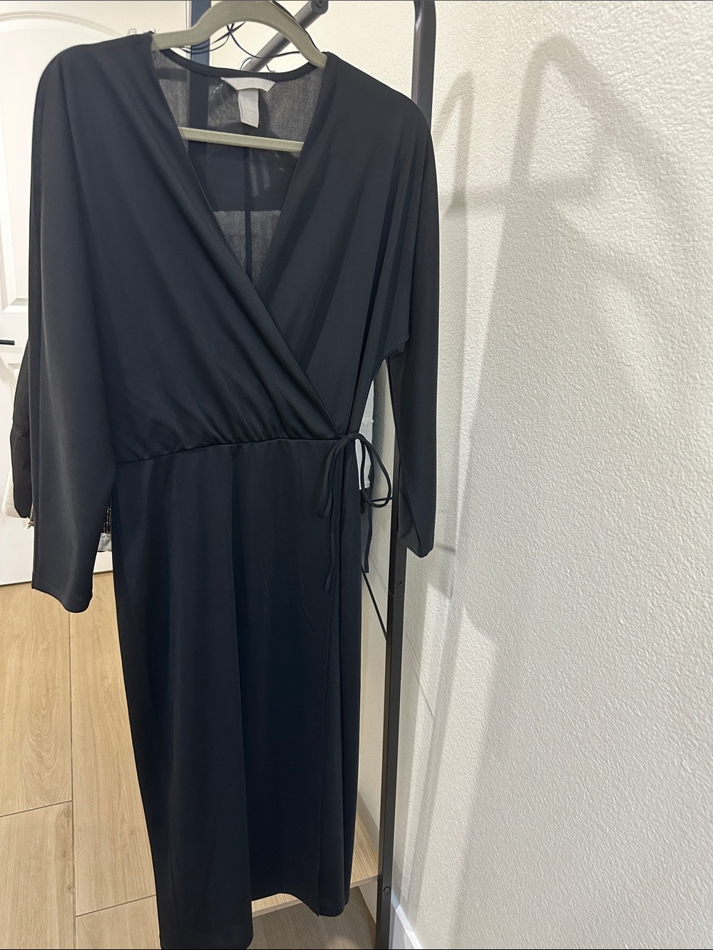 H&M Black Wrap-Style Midi Dress with Tie Waist